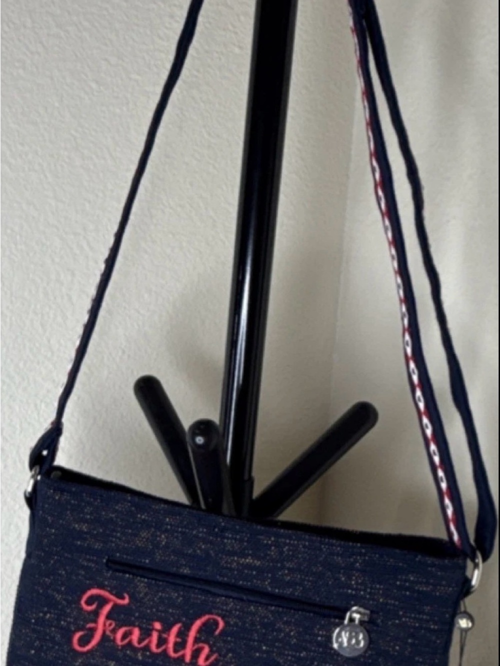 Bright Embroidered Faith Family Friendship Heart Shoulder Bag Navy Red White